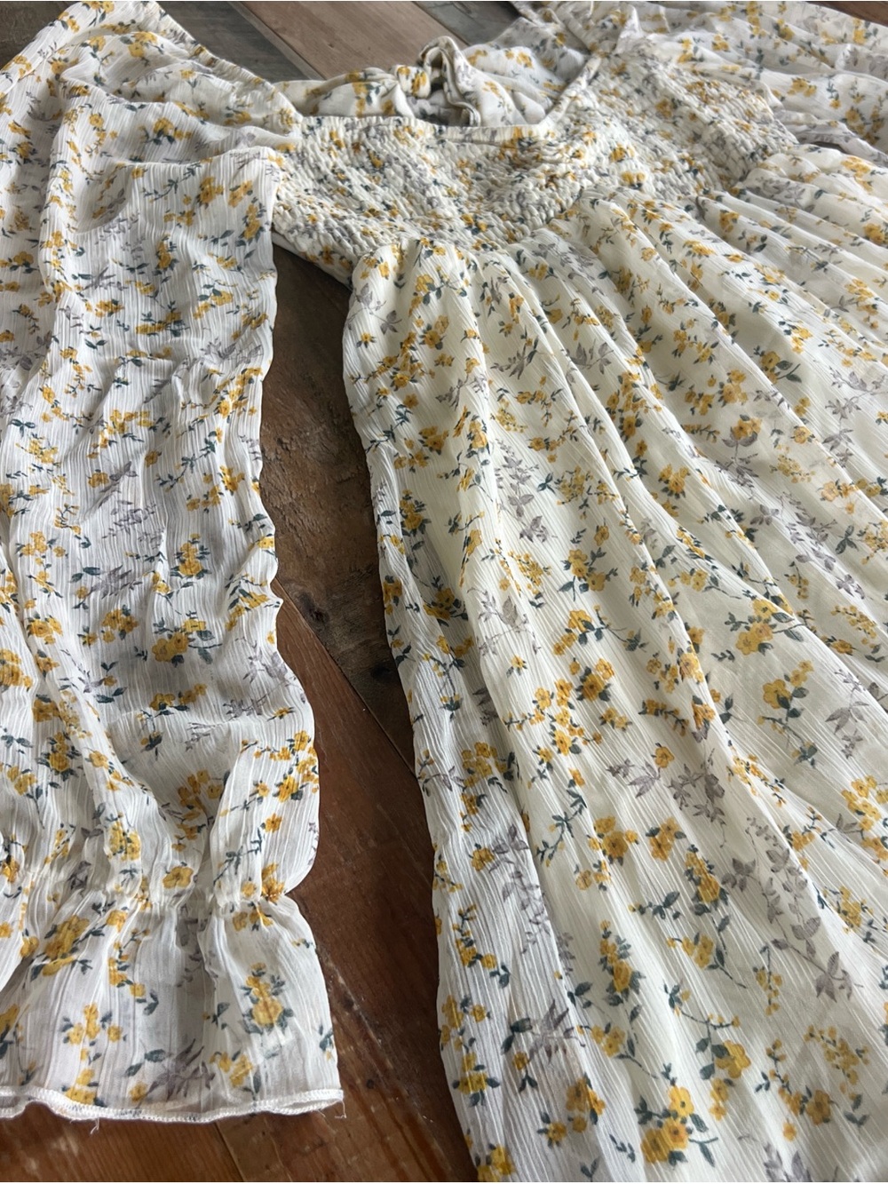 White Floral Smocked Babydoll Dress - Yellow Flower Print - Picture 3 of 5